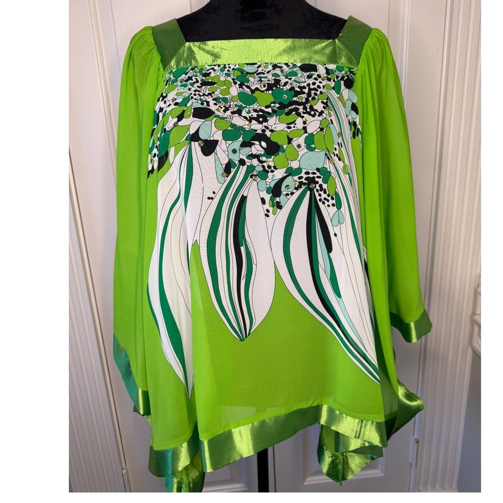 Madison Paige Lime Green Abstract Print Kaftan Blouse XL Chiffon Batwing Top EUC